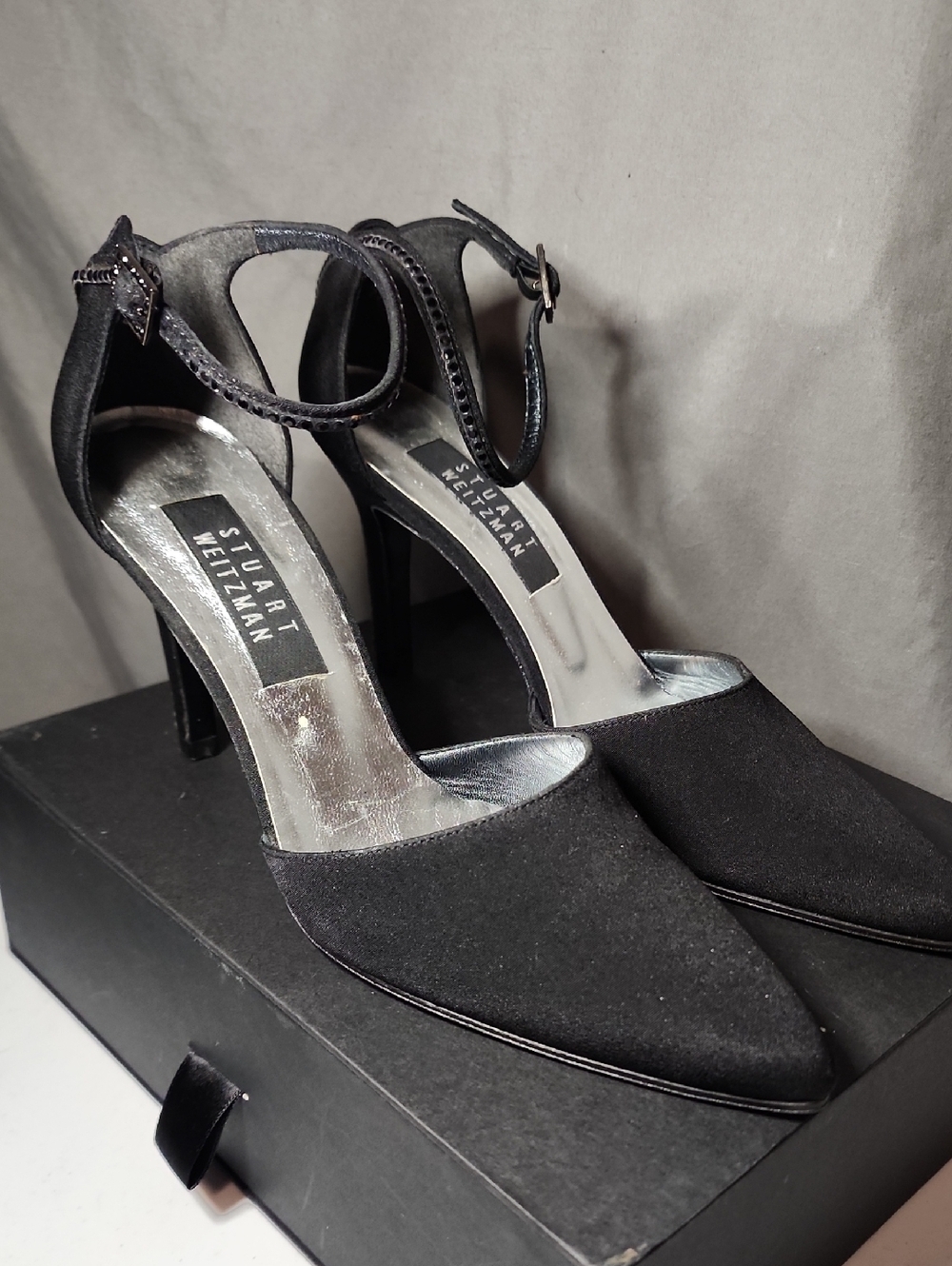 Stuart Weitzman Black Satin Pointed Toe Ankle-Strap Heels